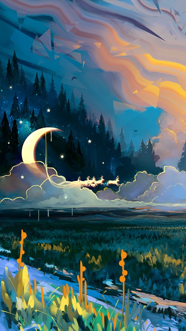 720x1280 Wallpaper landscape, art, moon, grass, colorful