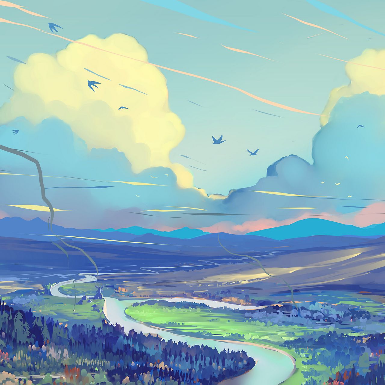 1280x1280 Wallpaper landscape, art, road, mountains, sky