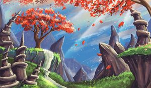 Preview wallpaper landscape, art, tree, mountains, rocks, waterfall