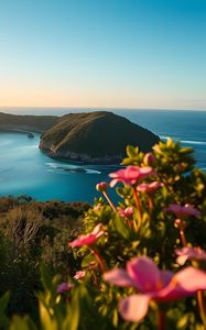 Preview wallpaper landscape, bay, cove, sea, mountains, flowers