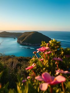 Preview wallpaper landscape, bay, cove, sea, mountains, flowers