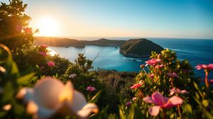 Preview wallpaper landscape, bay, cove, sea, mountains, flowers