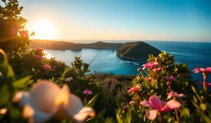 Preview wallpaper landscape, bay, cove, sea, mountains, flowers