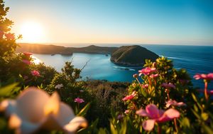 Preview wallpaper landscape, bay, cove, sea, mountains, flowers