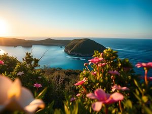 Preview wallpaper landscape, bay, cove, sea, mountains, flowers