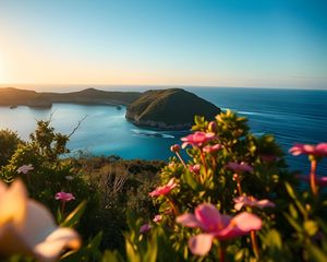 Preview wallpaper landscape, bay, cove, sea, mountains, flowers