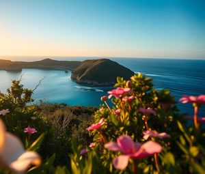 Preview wallpaper landscape, bay, cove, sea, mountains, flowers