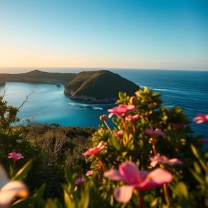 Preview wallpaper landscape, bay, cove, sea, mountains, flowers