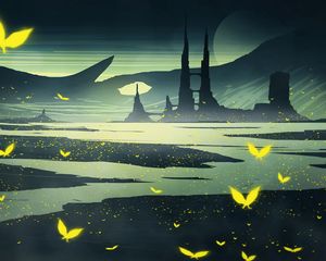 Preview wallpaper landscape, butterflies, art, river, rocks