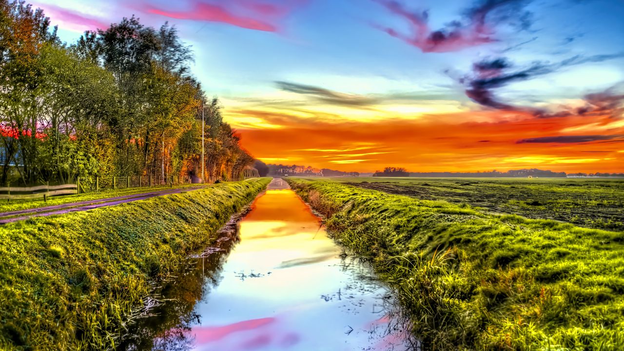 Wallpaper landscape, canal, water, field, grass