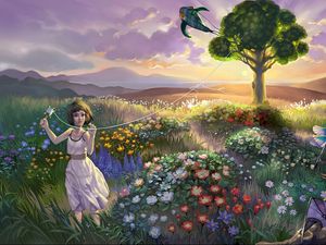 Preview wallpaper landscape, child, baby, grass, flowers, birds, kite