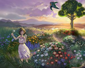 Preview wallpaper landscape, child, baby, grass, flowers, birds, kite