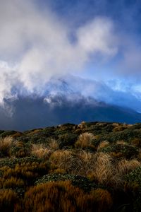 Preview wallpaper landscape, clouds, mountains, hills, bushes