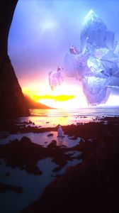 Preview wallpaper landscape, fantastic, sunset, sea, rocks, silhouette, crystal
