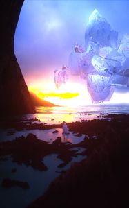 Preview wallpaper landscape, fantastic, sunset, sea, rocks, silhouette, crystal