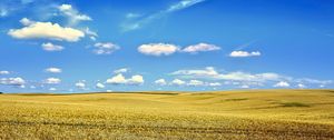 Preview wallpaper landscape, field, sky, clouds, grass, autumn