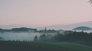 Preview wallpaper landscape, fog, hills, trees, nature