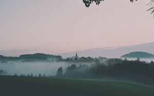 Preview wallpaper landscape, fog, hills, trees, nature