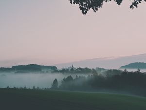 Preview wallpaper landscape, fog, hills, trees, nature