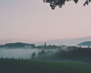 Preview wallpaper landscape, fog, hills, trees, nature