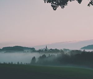 Preview wallpaper landscape, fog, hills, trees, nature