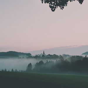 Preview wallpaper landscape, fog, hills, trees, nature