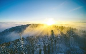 Preview wallpaper landscape, forest, mountain, sun, winter, light