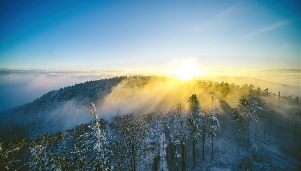 960x544 Wallpaper landscape, forest, mountain, sun, winter, light