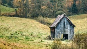 Preview wallpaper landscape, forest, tree, autumn, barn, nature