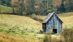 Preview wallpaper landscape, forest, tree, autumn, barn, nature