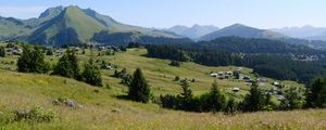 Preview wallpaper landscape, grass, trees, mountains, valley