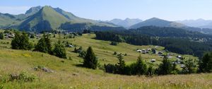 Preview wallpaper landscape, grass, trees, mountains, valley