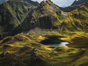 Preview wallpaper landscape, hills, mountains, pond, valley