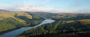 Preview wallpaper landscape, hills, river, trees, sky, nature