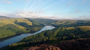 Preview wallpaper landscape, hills, river, trees, sky, nature