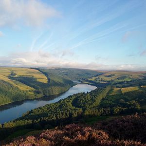 Preview wallpaper landscape, hills, river, trees, sky, nature