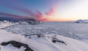 Preview wallpaper landscape, ice, snow, frozen, coast, rocks, ocean, north