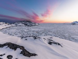 Preview wallpaper landscape, ice, snow, frozen, coast, rocks, ocean, north