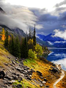 Preview wallpaper landscape, lake, mountains, trees, slope, path