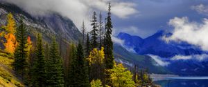 Preview wallpaper landscape, lake, mountains, trees, slope, path