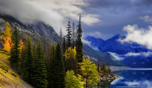 Preview wallpaper landscape, lake, mountains, trees, slope, path