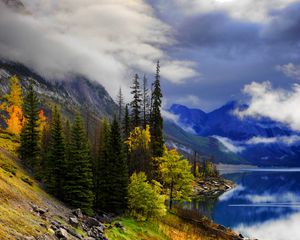 Preview wallpaper landscape, lake, mountains, trees, slope, path