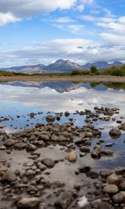 Preview wallpaper landscape, lake, stones, mountains, reflection