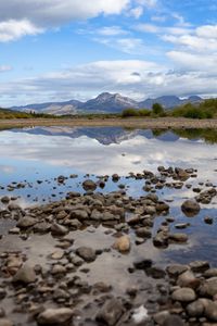 Preview wallpaper landscape, lake, stones, mountains, reflection