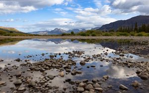 Preview wallpaper landscape, lake, stones, mountains, reflection