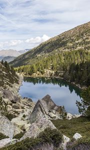 Preview wallpaper landscape, lake, stones, trees, forest, mountains, clouds