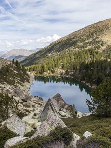 Preview wallpaper landscape, lake, stones, trees, forest, mountains, clouds