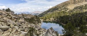 Preview wallpaper landscape, lake, stones, trees, forest, mountains, clouds