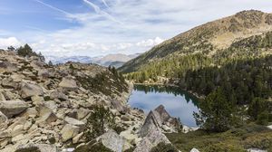 Preview wallpaper landscape, lake, stones, trees, forest, mountains, clouds