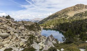 Preview wallpaper landscape, lake, stones, trees, forest, mountains, clouds
